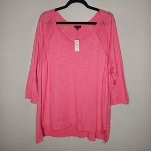 Talbots Womens 3X Pink V-Neck 3/4 Sleeve Cotton Sweater Open Knit Lightweight